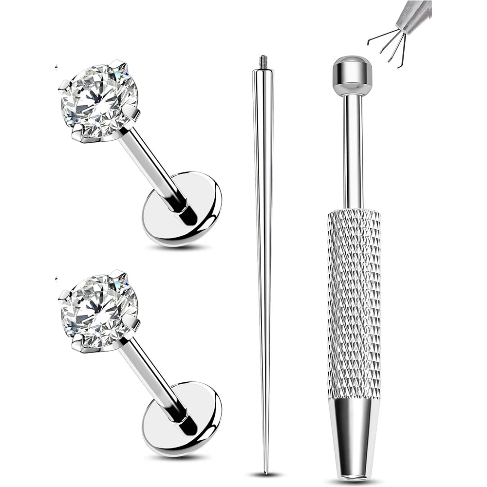 2 Stück 16G G23 Titan Flat Back Labret Ohrstecker mit klarem Zirkonia für Helix, Tragus, Medusa und Conch Piercings für Damen