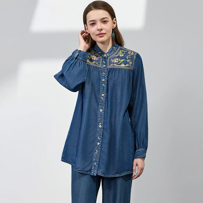 

Women Long Sleeve Denim Shirt New 2025 Spring Vintage Stand Collar Floral Embroidery Loose Female Casual Tops Shirts M1345