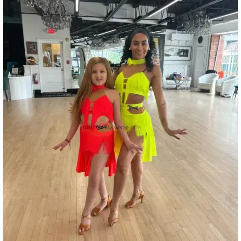 High End Fluorescent Yellow Tassel Latin Dance Costume Split Competition Performance Featuring Professional Latin Dance Costumes