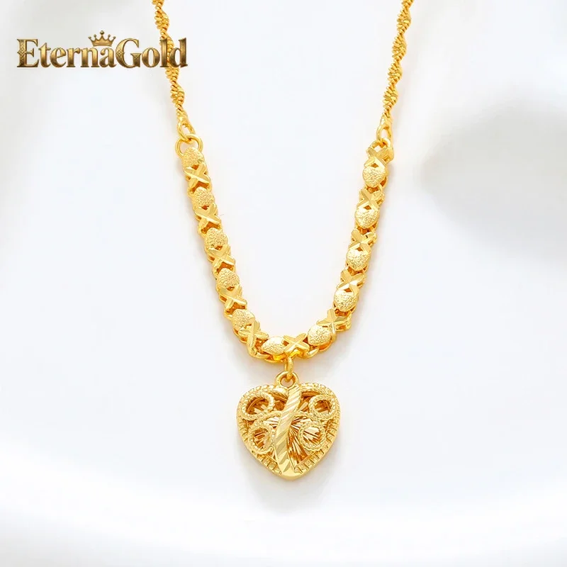 EternaGold  Fashion 24K real gold Heart pendant water wave chain collar senior sense 999 gold vintage quality exquisite love nec