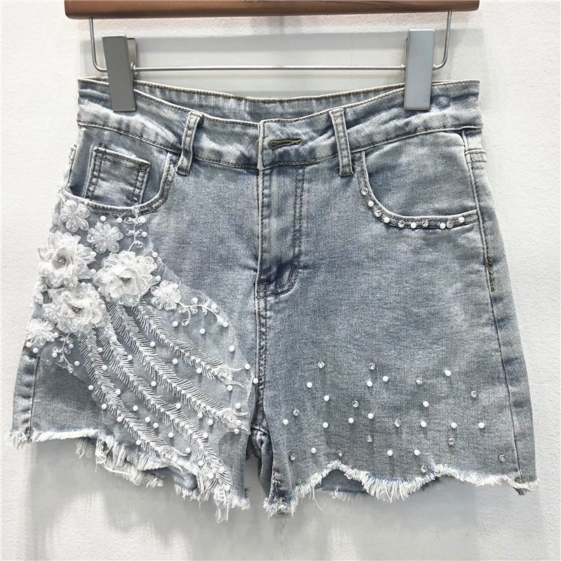 

Stereoscopic Flower Denim Shorts for Women 2026 Summer High Waist Slim-looking Pants Vintage Zipper Hot Fix Rhinestone Shorts