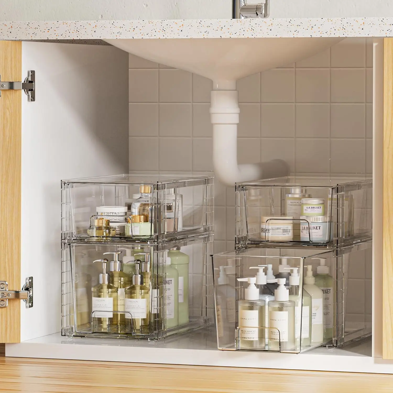 4 Pack Clear Stackable Drawers with Sliding Rails, No Tools Assembly Plastic Organizer for Under Sink,Pantry, Bathroom & Kitchen