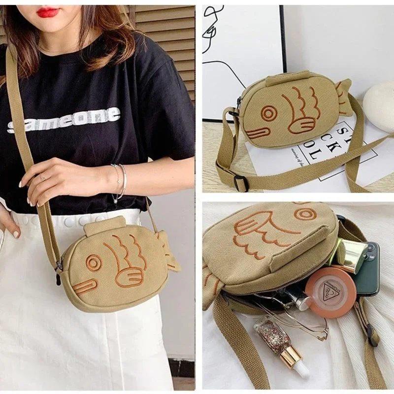 1pc Cute Canvas Messenger Bag Japan Style Embroidery Fish Shape Portable Zippered Small Purses Handbags Mini Crossbody Bag