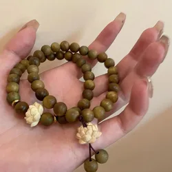 Lotus Sandalwood Bangle Wood Beaded Strand Bracelets Green Natural Sandalwood Bracelet Elastic Handwoven Rosary Jewelry