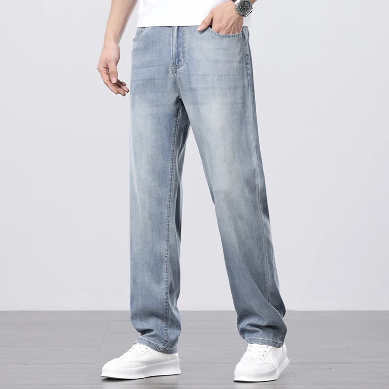 

Summer Ultra-thin Lyocell Jeans Men's Cool Soft Drape Fabric Ice Silk Trousers Classic Straight Elastic Casual Brand Denim Pants