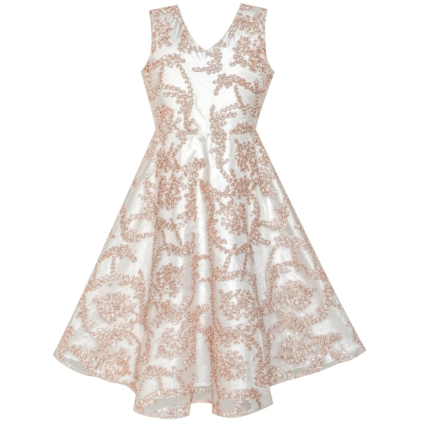 Girls Dress V neckline Embroidered Floral Champagne
