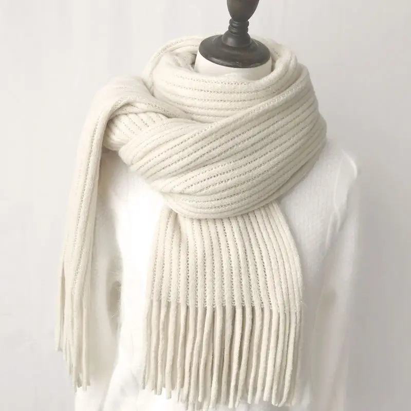 Scarf Women Winter Student Korean New Knitted Couple Thickened Warm Wool Female Solid Color Tassel Scarf 200x40cm