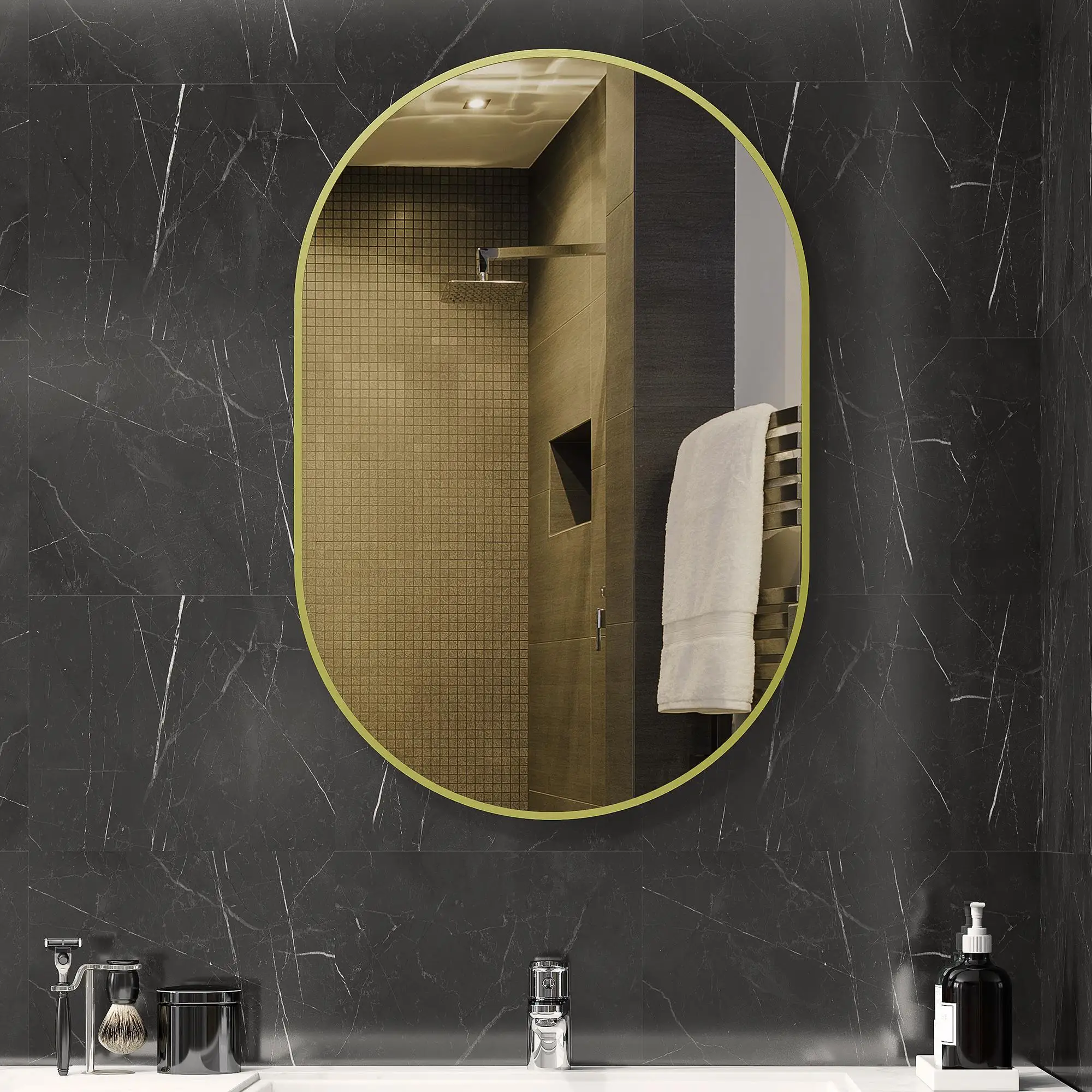 Miroir de salle de bain ovale 60x90 cm avec support en aluminium doré, testé étanche et anti-éclatement pour salle de bain ou salon