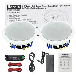 Herdio 6.5'' 320W Home Audio Bluetooth Ceiling Speakers Flush Mount In Wall Speakers For Indoor Living Room Bathroom Kitchen