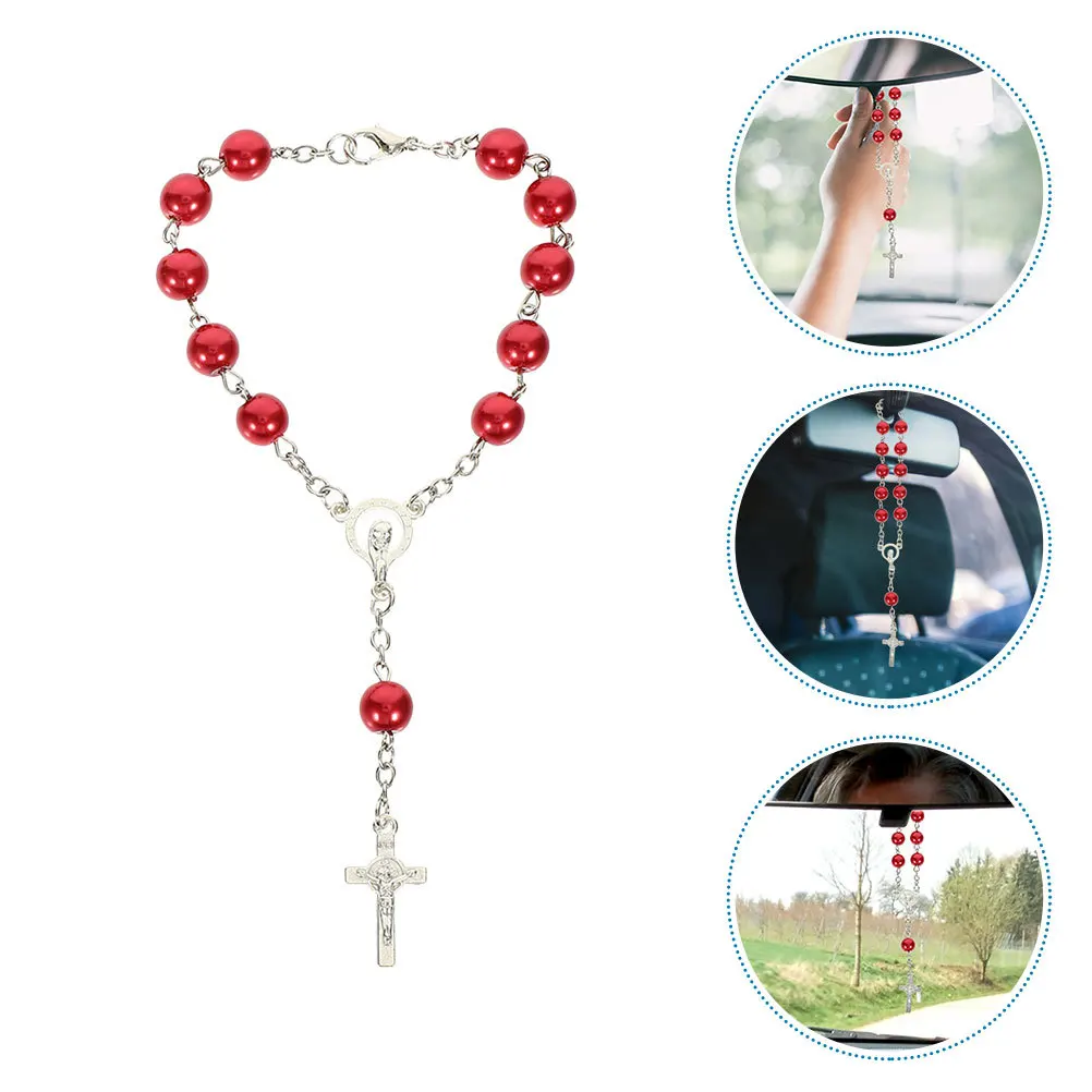 

2Pcs Car Rosary Rearview Mirror Hanging Cross Pendant Silver Catholic Beads Auto Decor Religious Accessories for Men Women