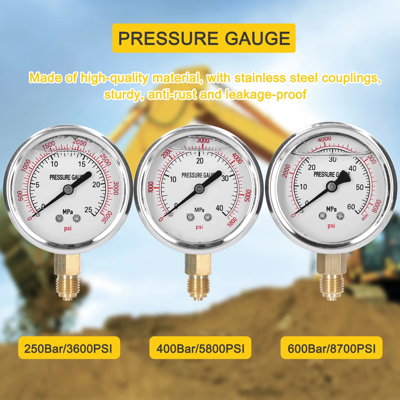 3-in-1 Hydraulic Pressure Gauge Test Kit for Excavator, 9 Couplings (G1/8, G1/4, UNF) with 25/40/60MPa Gauges & Aluminum Case