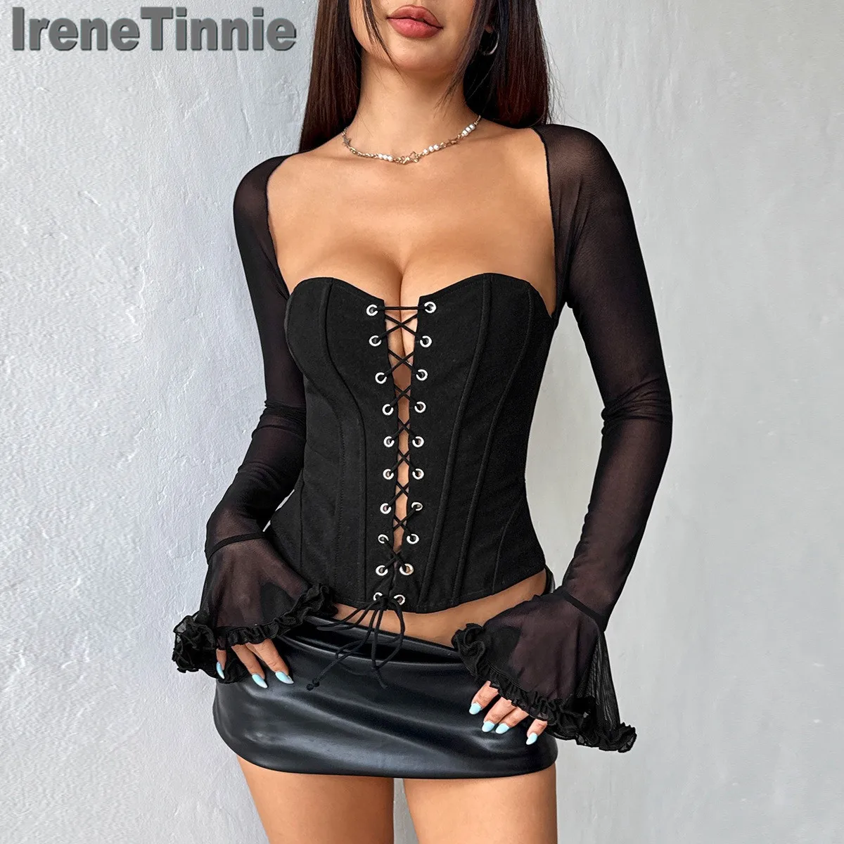 

IRENE TINNIE Sexy Criss Cross Bandage Tank Shirts Square Collar Long Sleeve Fishbone Shirts Mesh Patchwork Dating Corset Top2025