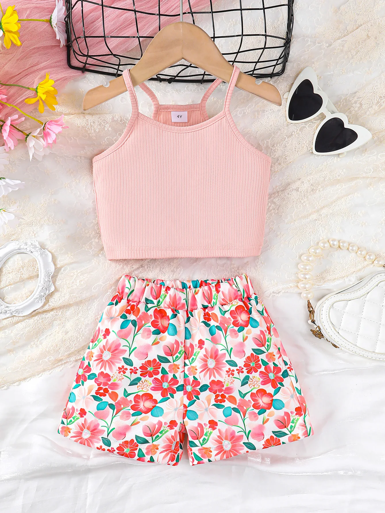 2PCS Summer Children Girl Lovely Clothes Set Pink Sling Short Sleeveless Top+Flower Shorts Daily Casual Wear Kids Girl 4-7 Years