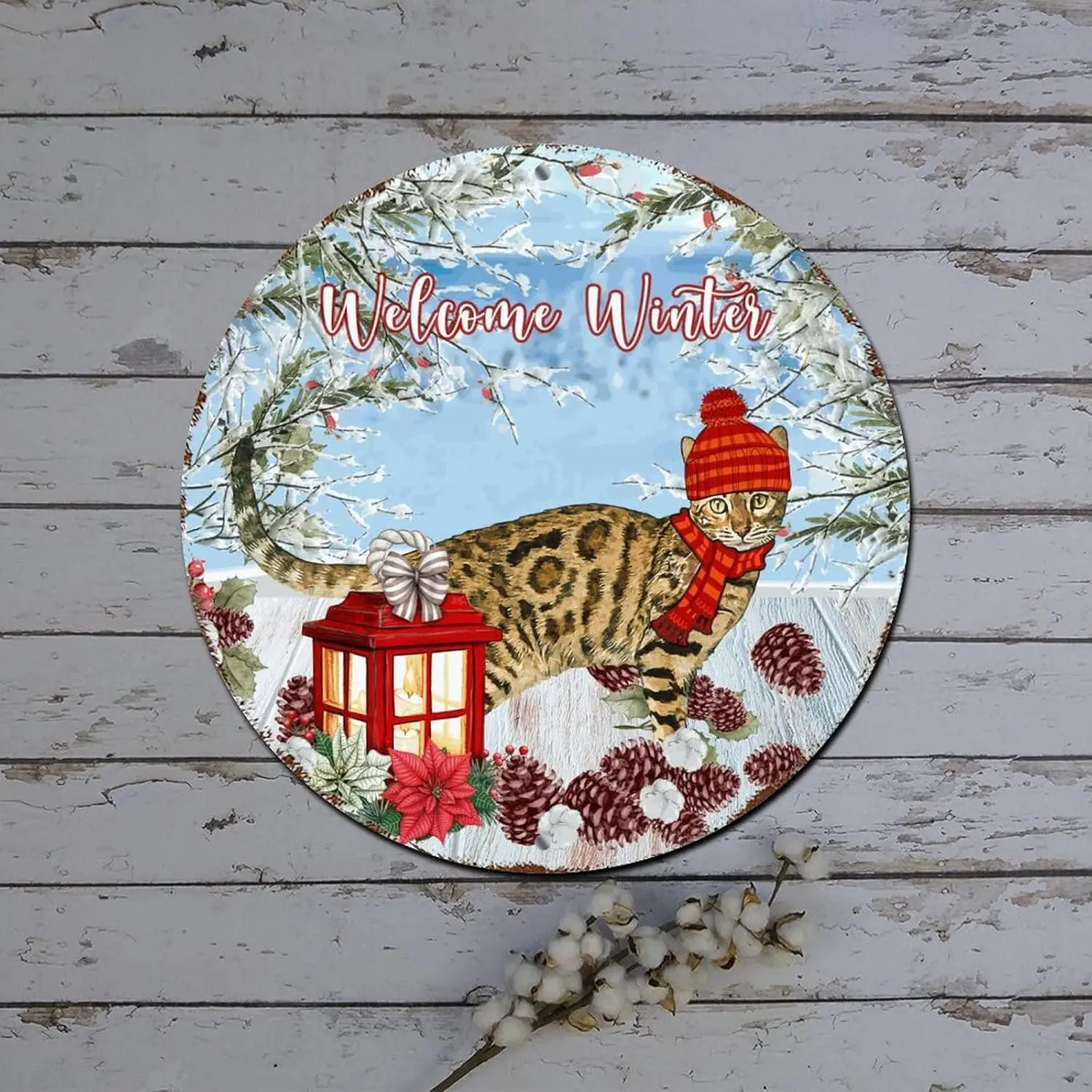 Christmas Red Truck Sign Welcome Winter Cat Santa Hat Poinsettia Round Metal Tin Sign Christmas Wall Decorations Retro Plaque Me