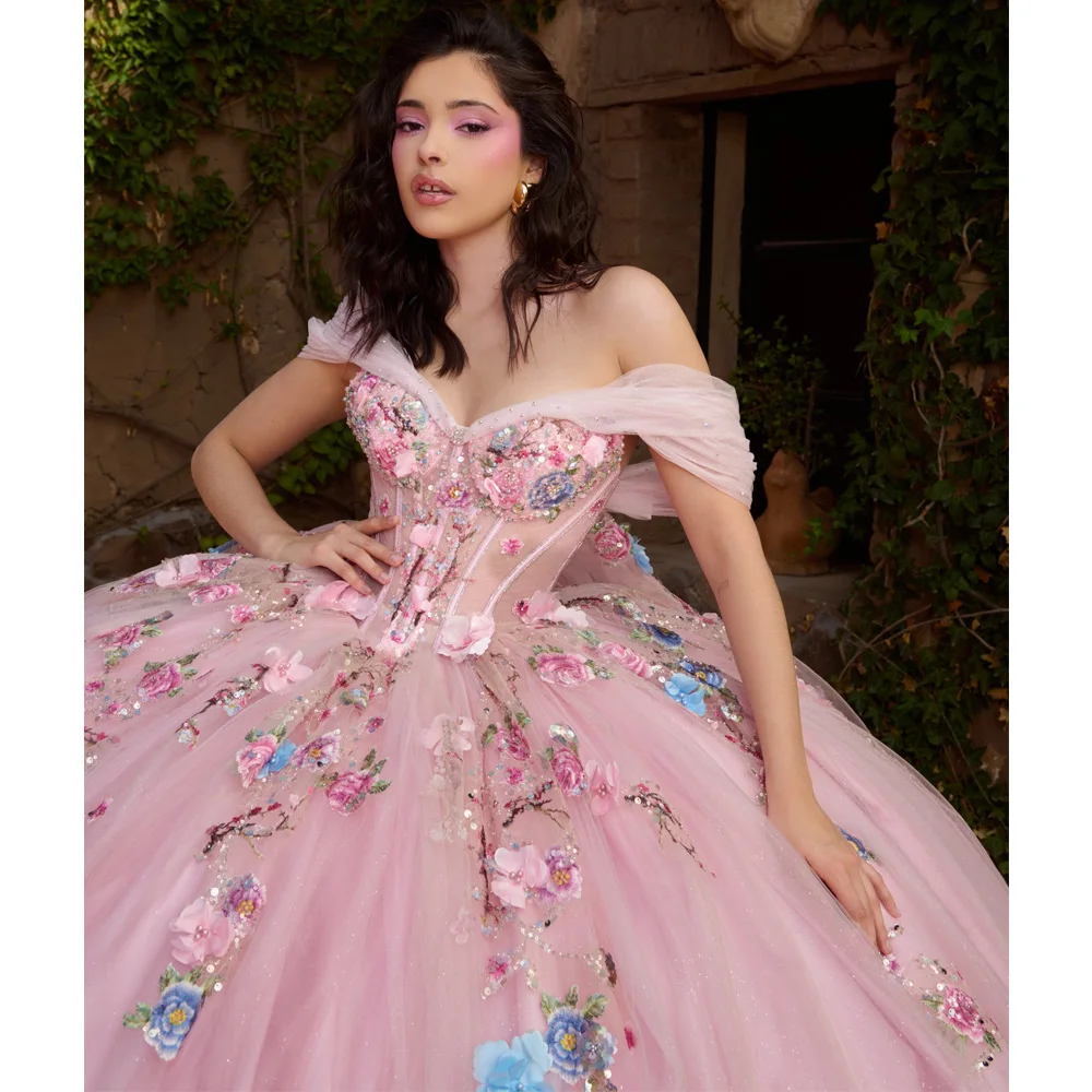 

Pink Princess Ball Gown Quinceanera Dresses Vestidos De 15 Anos XV Glittering 3D Flower Lace Birthday Party Customized