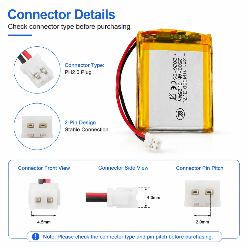 104050 3.7V2500mAh LiPo Battery Rechargeable Lithium Polymer Battery with ProtectionPCB PH 2.0 2Pin for GPS MP3Bluetooth Speaker