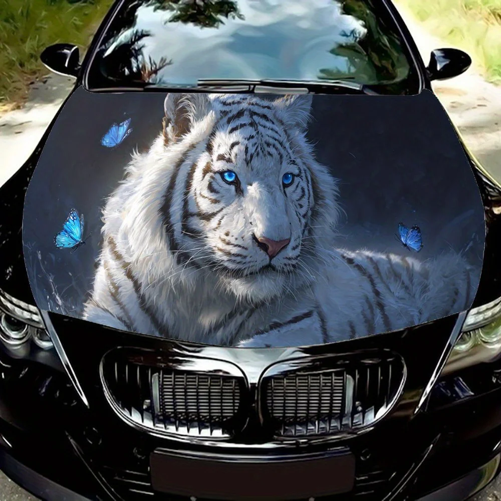 

Elegant White Tiger & Blue Butterfly PVC Car Vinyl Wraps, Self-Adhesive Waterproof Car Hood Decal Sticker, Car Decoration Protec
