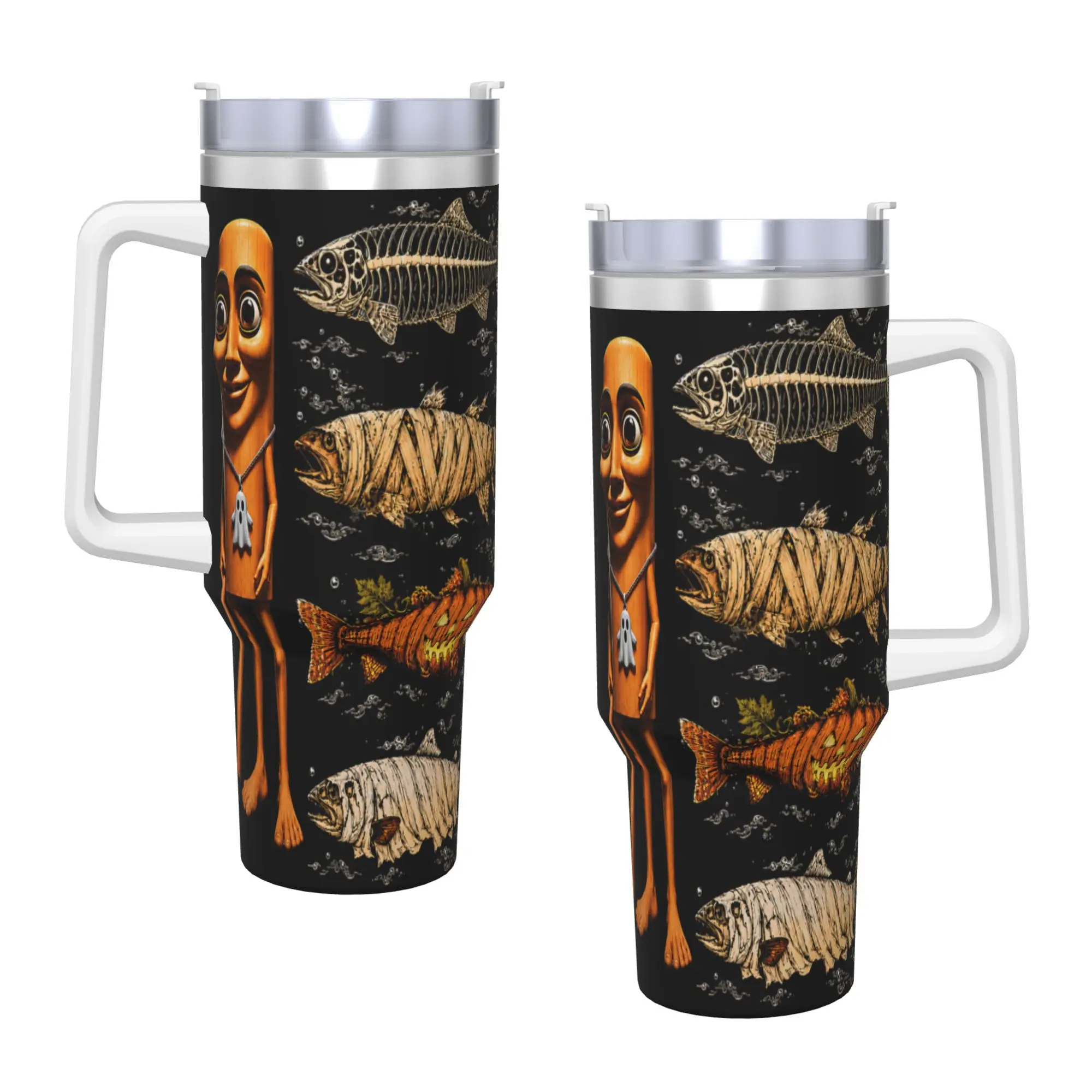 Tung Tung Tung Sahur Halloween Trout Ghost Pumpkin Skeleton Stainless Steel Tumbler Travel Coffee Mug With Straws Large Car Mugs