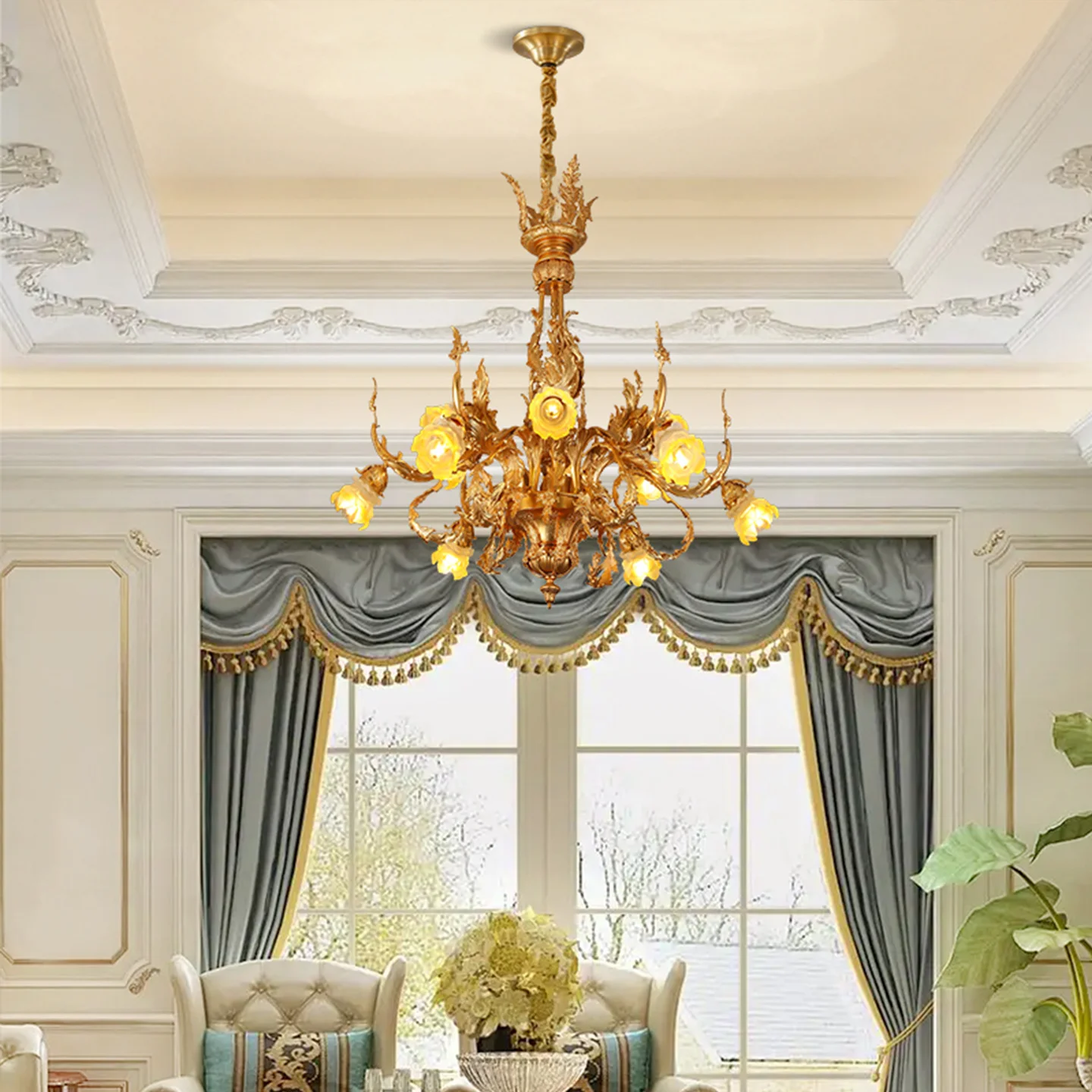 French Neo Classic Living Room Bedroom Art Flower Decor Brass Pendant Light Hotel Lobby Apartment Pendant Lamp