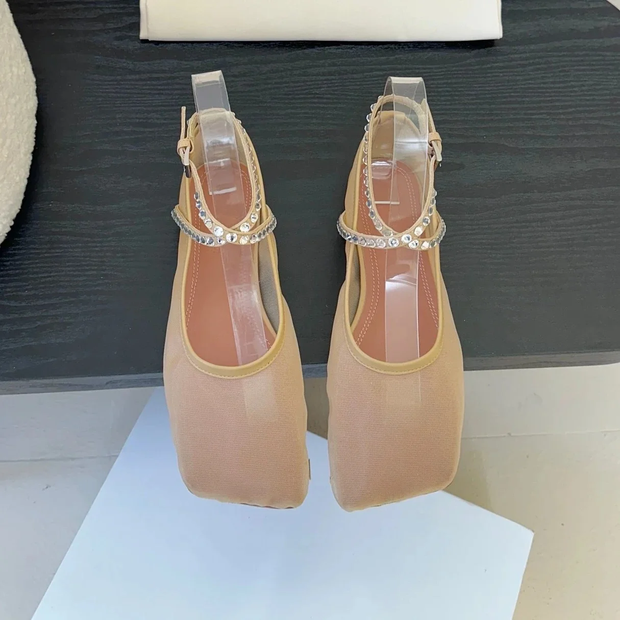 2025 FANGXITING جديد وصول اليدوية شبكة ساحة تو كعب مسطح الكاحل حزام صناديل للنساء بلينغ بلينغ الماس الشقق مأدبة ماري #5