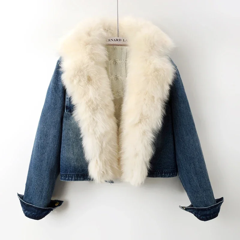 

Winter Thick Fox Fur Collar Knitted Liner Denim Jacket Women Cowboy Outerwear Vintage Loose Short Big Pocket Jeans Jacket Female