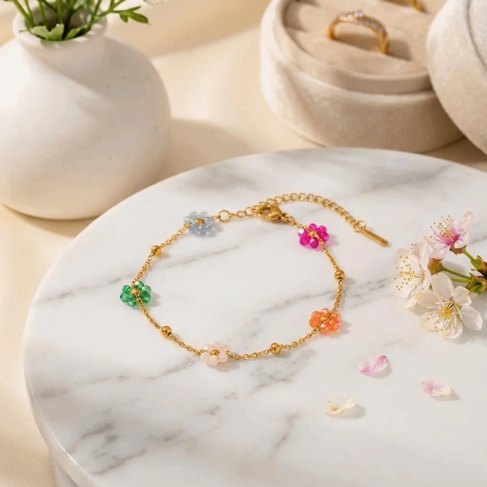 New Colorful Beaded Heart Necklace Exquisite Versatile Flower Chain Bracelet Trendy Stackable Plating Waterproof Jewelry Wedding