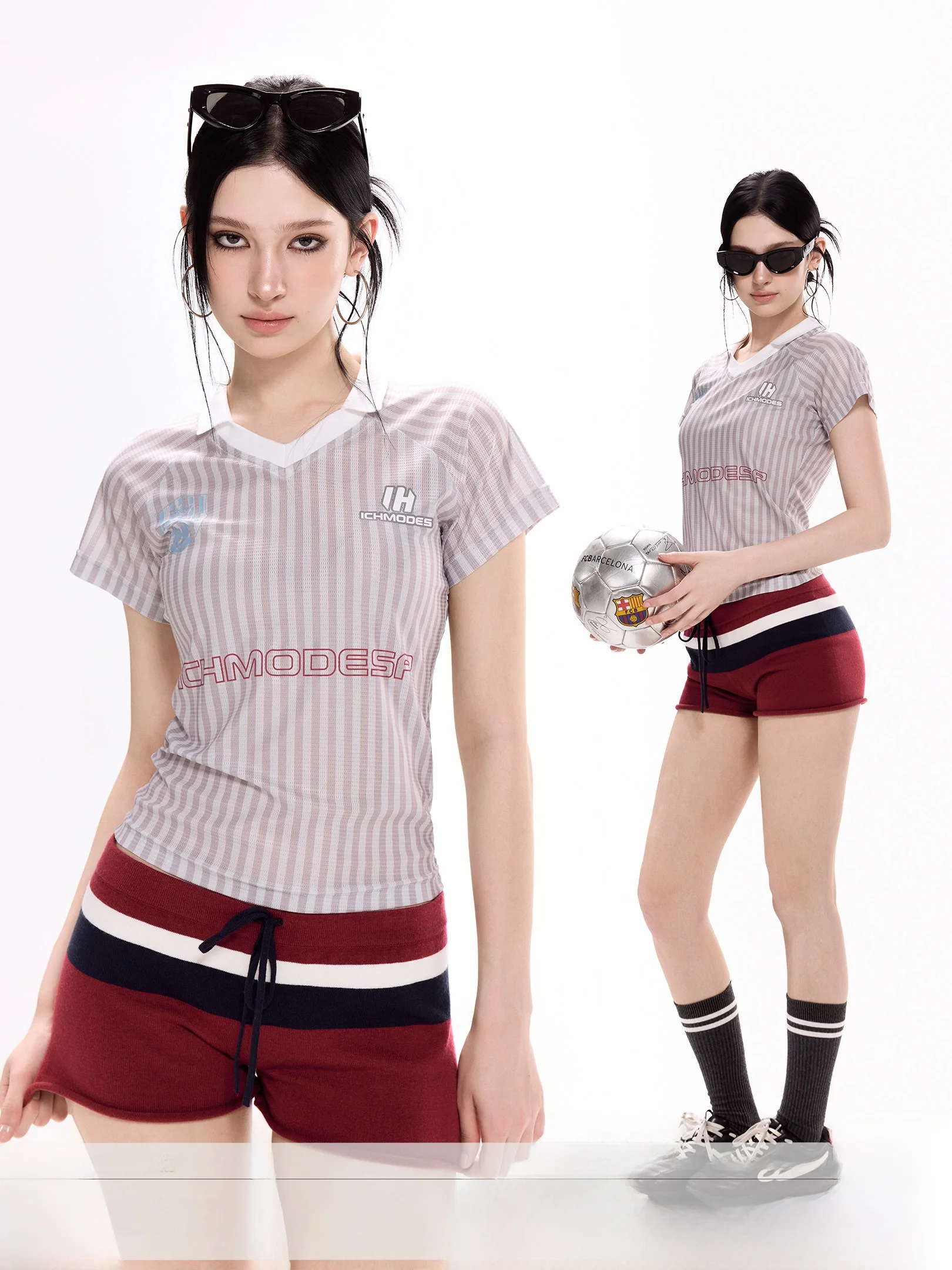 

Ichmode Summer New Women's Slim Fit Short Sleeve T-shirt V-neck Waist-cinching Sporty Stripe Print Casual Fashion Top