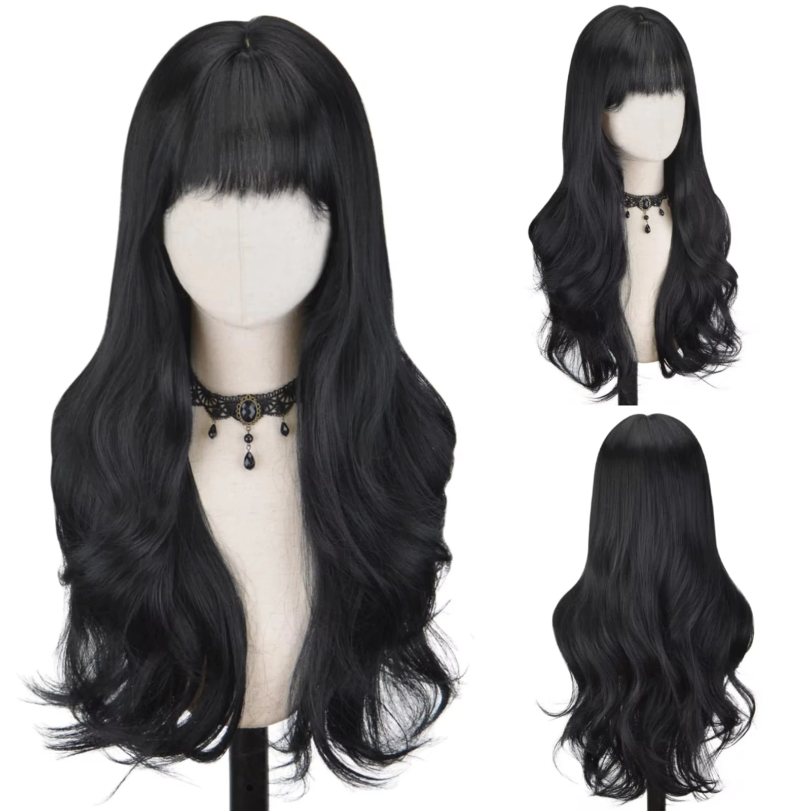 

Black 26-inch synthetic wig with big waves for Halloween party, Cosplay wig, everyday wig, high-temperature hair accessory