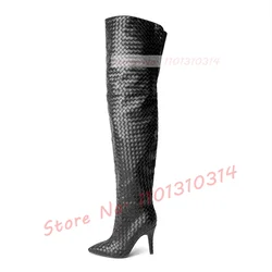 White Woven Thigh High Boots Ladies Sexy Back Hollow High Heels Boots Pointed Toe Street Style Women Side Zipper Casual Shoes