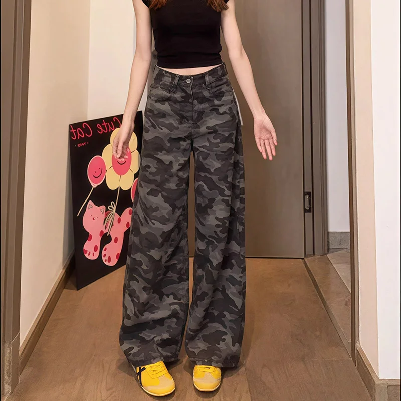 

Женские ретро-джинсы с широкими штанинами в камуфляжном стиле, корейские джинсовые брюки с высокой талией, модные винтажные дизайнерские штаны для девушек