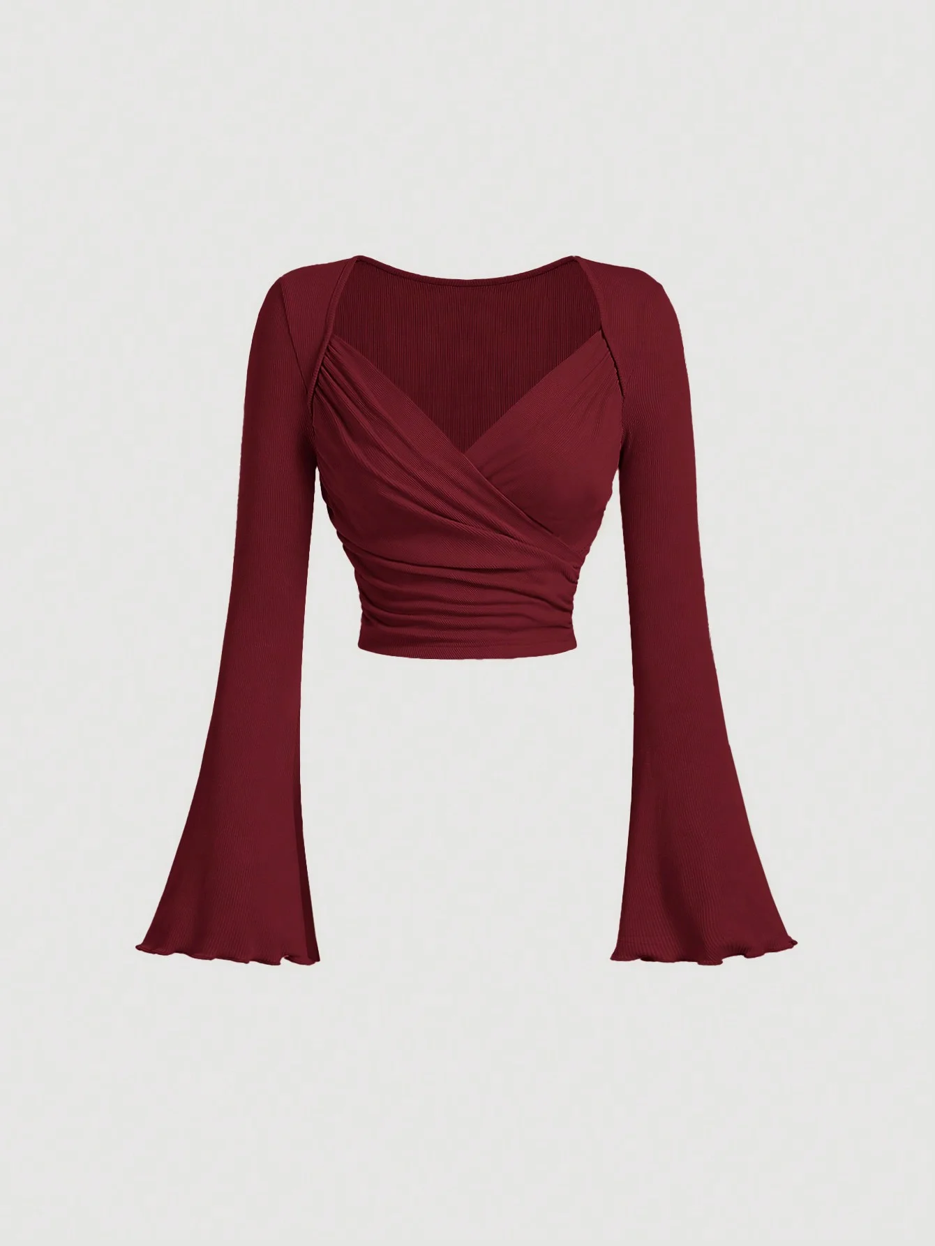 

Women's casual slim solid color large V-neck short flared cuff long sleeve T-shirt