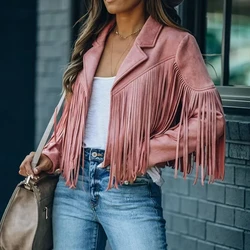 Womens Vintage Lapel Long Sleeve FringeCropped Hippie Motor Biker Cardigan OutwearsFaux Suede Tassel Jacket
