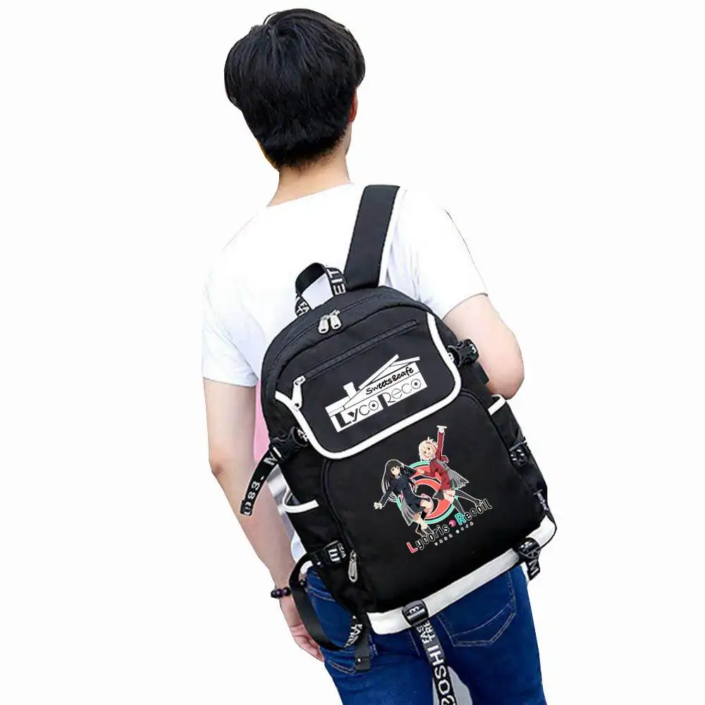 Anime Lycoris Recoil Backpacks Black Shoulder Bags Men Women Backpacks USB Rucksack Travel Bags Casual Teens School Bags