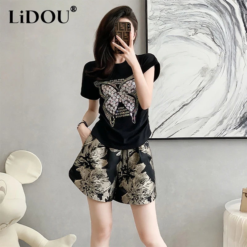 Summer Butterfly Printing Casual Fashion T-shirt Elastic Waist Shorts Set Women Black Pullover Tee Drawstring Short Pants Suit