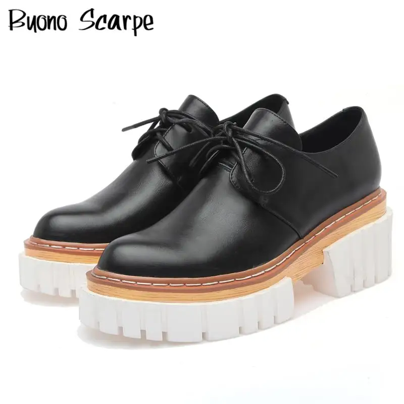 

Genuine Leather Mixed Color Women Loafers Thick Bottom High Platform Pointed Toe Casual Shoes High Heeled Female All Match Pumps