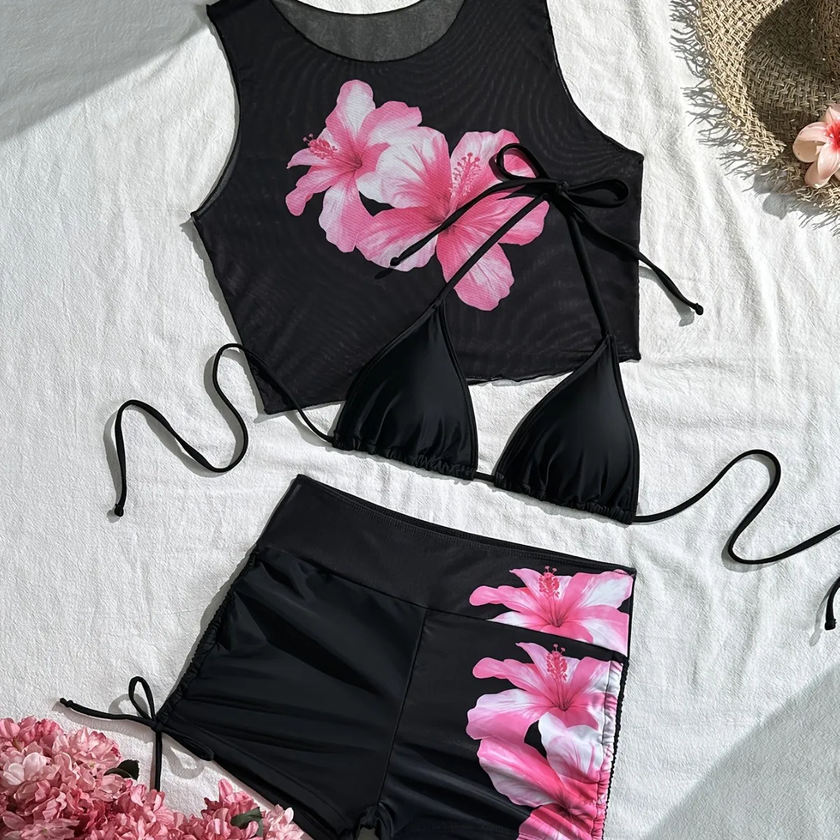 Women 3 Piece Hibiscus Print Bikini Set with Mesh Tank Top & Boyshort Triangle Halter Swimsuit Drawstring Bottom Beachwear