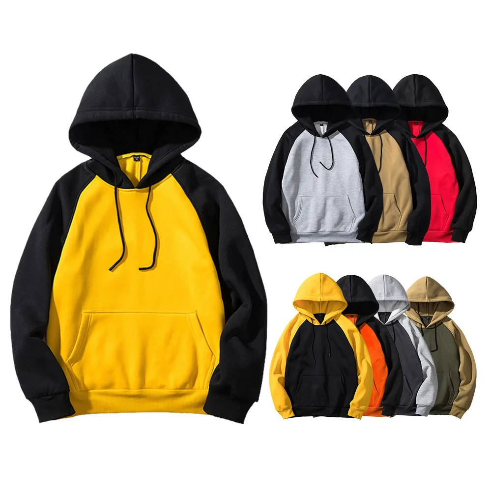 Brand Quality Mens Loose Black Yellow Patchwork Hoodies Autumn New Men Streetwear Y2k Hooded Sweatshirt Fashion Fleece Hoodie