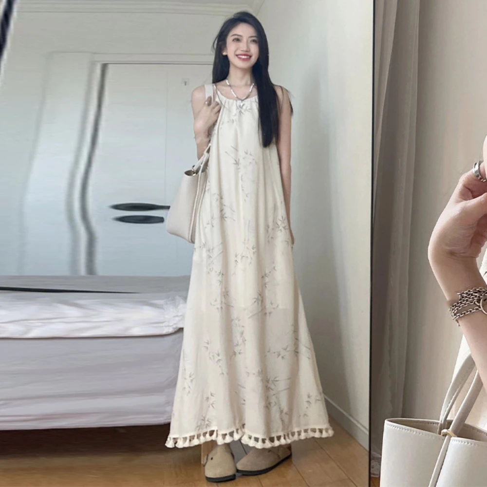 

Модное свободное облегающее платье на бретелях с цветочным принтом, абрикосовое длинное платье без рукавов, пляжная одежда с кисточками, пляжный сарафан для отдыха для девочек