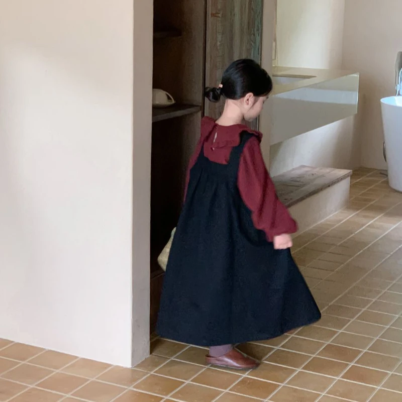 

2023 Autumn Models Girls Korean Solid Color Suspenders Long Skirt Children's Casual Lapel Ruffled Shirt Two-piece Set