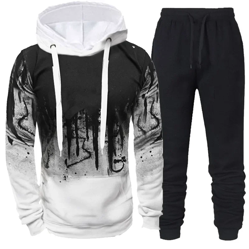 Mens Sports Hoodies Set Daily Casual Jogging Outfits Hooded Sweatshirts and Elastic Sweatpants Fashion Tracksuit