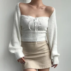 Fuzzy Knitted Bolero Cardigan Set Tube Top with Bow Long Sleeve Open Front Cropped Shrug Sweater Women Teengirl Acubi Y2K Outfit