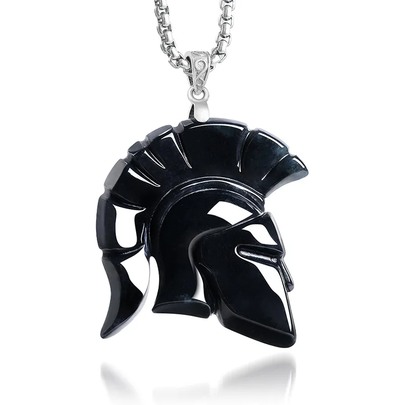 Natural Myanmar A-grade Jade Spartan Helmet Pendant with Black Pheasant Design Ice-Type Jade S925 Silver Hip-Hop Jewelry