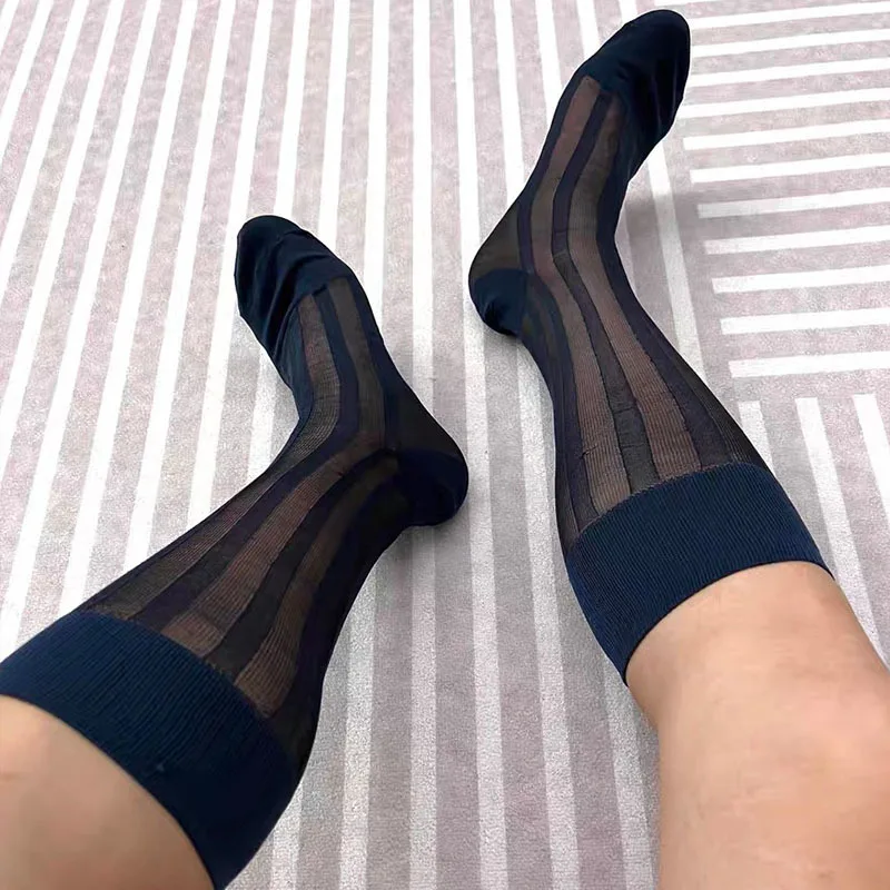 

12 Pairs Men Silk Sheer Soft Thin Nylon Sock Stripe Breathable Elastic Formal Wear Dress Breathable Business Casual Long Socks