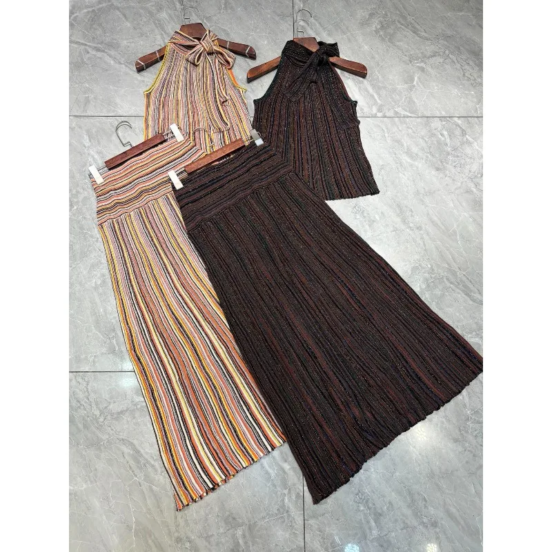 Metallic Colorful Striped Knit Skirt Set Women 2026 New Classic Halter Neck Sleeveless T-Shirt+Slim Versatile Skirt 2-Piece Set