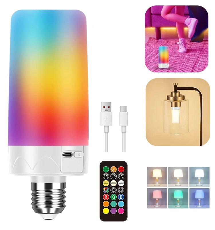 Rechargeable Electromagnetic Light Bulb with Remote Control, USB, E26, 3 Color Temperatures + 9 RGB, Indoor/Outdoor Emergency Fo