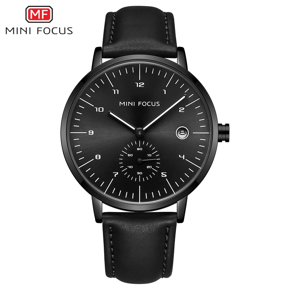 MINI FOCUS 0303 Men Quartz Watch Business Simple Black Leather Strap Analog Date Display Male Wristwatch Relogios Masculinos