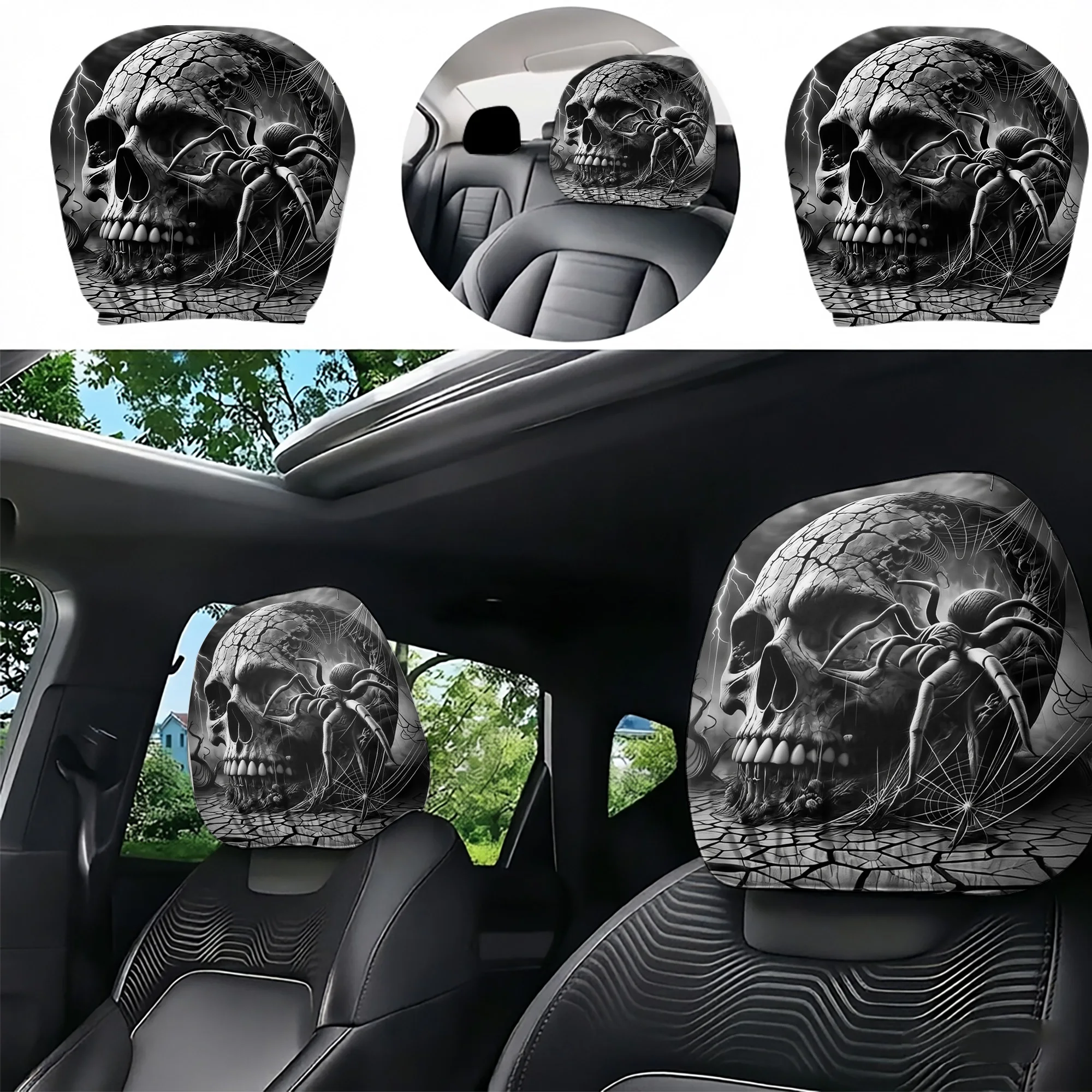 2pcs Gothic-style skull and spider-patterned car headrest covers to add a bold, avant-garde touch to your car’s interior. Does n