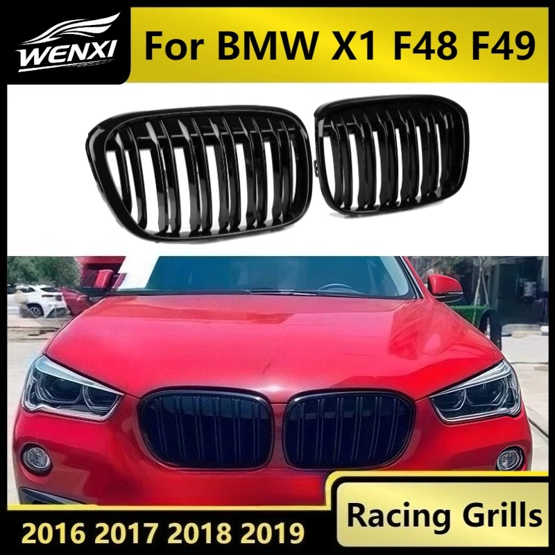 

For BMW X1 F48 F49 2016 2017 2018 2019 Double Line Front Bumper Kidney Grill Grilles M Style Racing Grille Glossy Black