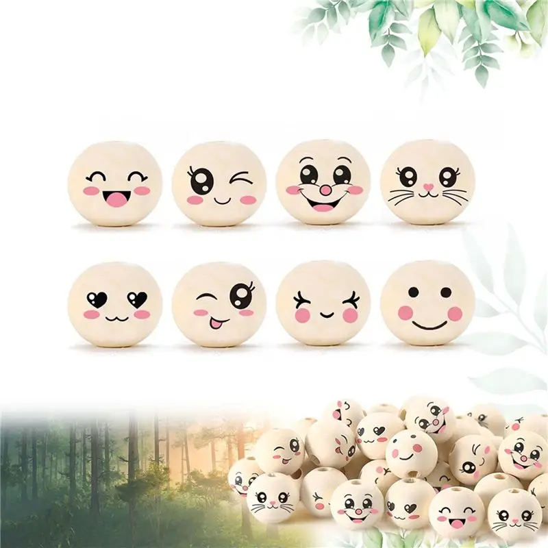 DTA4 320 Pcs 20mm Wooden Beads with Smile Face, Natural Wood Round Beads with Hole for DIY Jewelry Making and for Craft