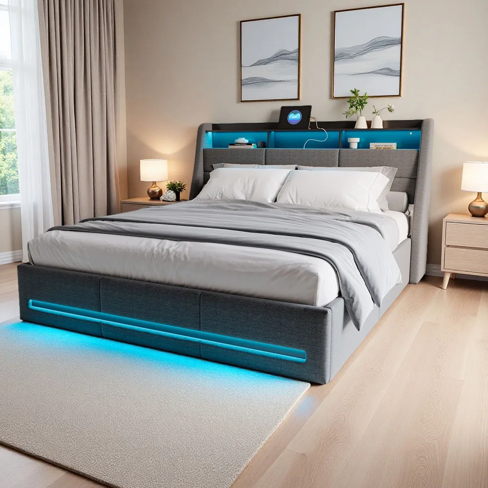 Cama Doble Tapizada Superaly con LED, Puerto de Carga USB y Base de Láminas, Estructura de Cama con Almacenamiento Hidráulico para Jóvenes, Adolescentes, Gris